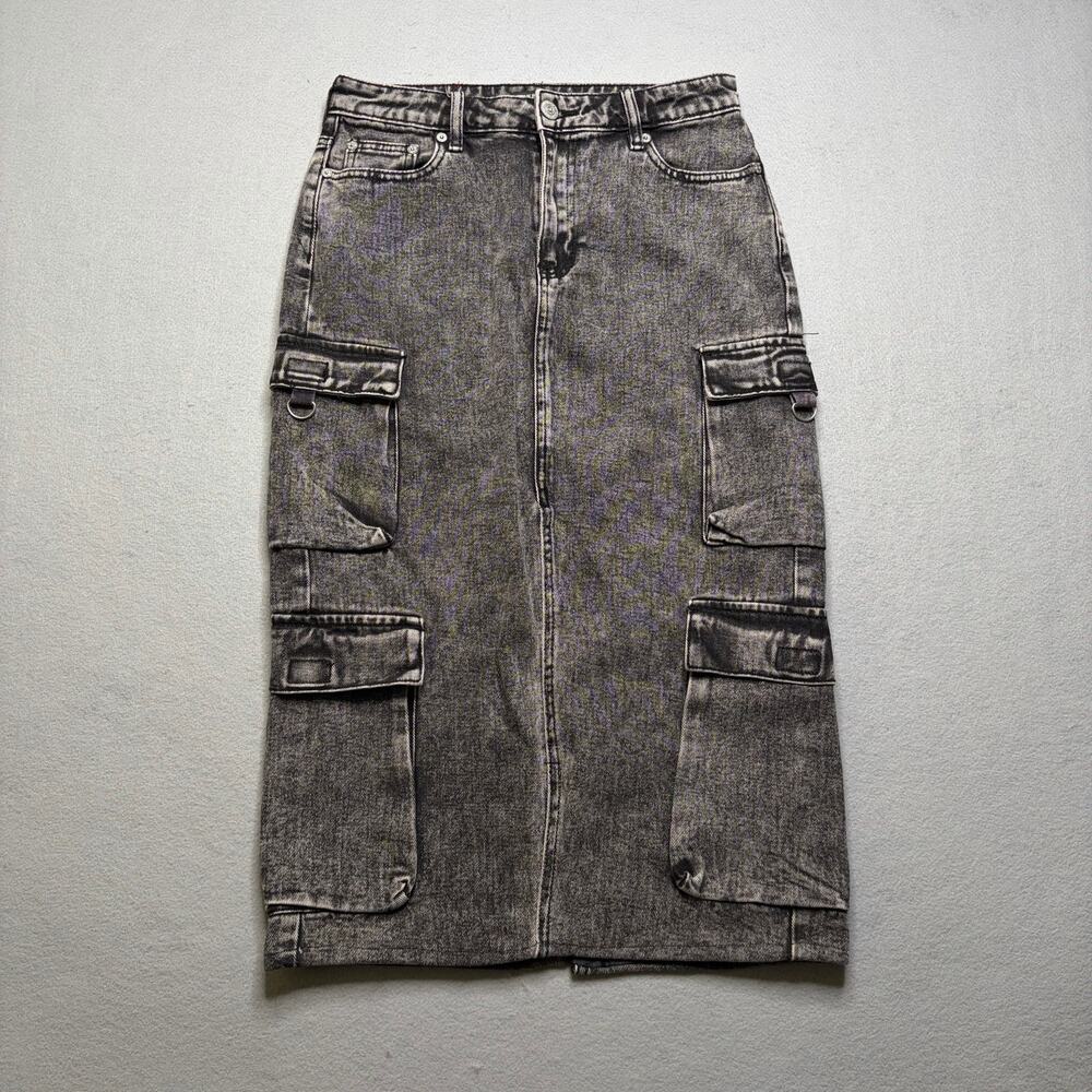 True Religion Women’s Vintage Cargo Midi Skirt Gray Acid Wash Denim Skirt Y2K